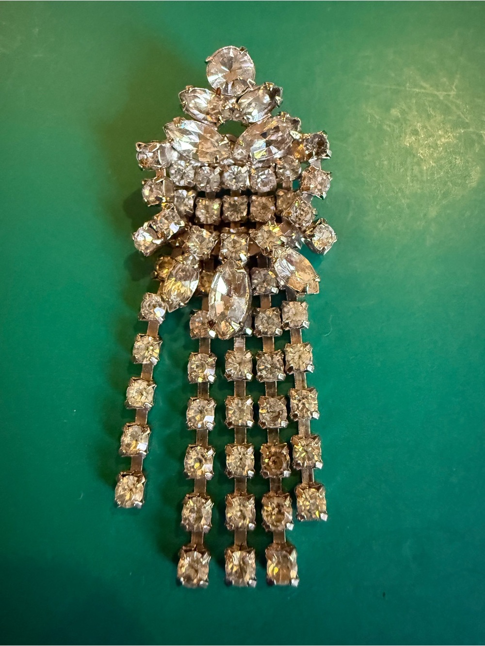 Vintage 1950s Silver Tone Rhinestone Waterfall Fringe Brooch Pin